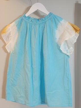 Light Blue Tie-Dye  Peasant Top with Yellow Accent